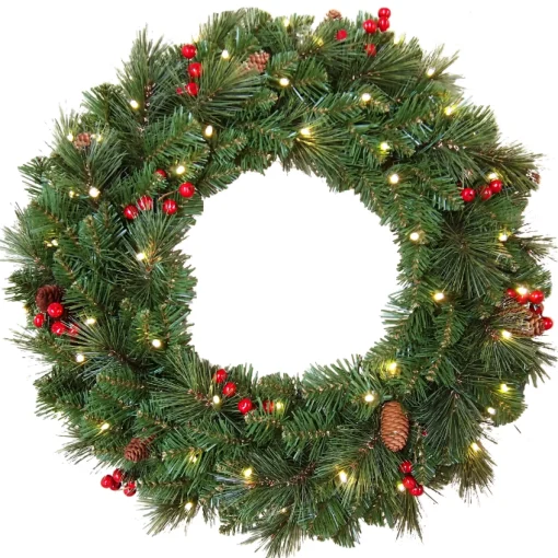 Discount Christmas Land 24″ (60Cm) Everyday Collection Pre-Lit Christmas Wreath With Pine Cones, Red Berries And 50 Led Lights