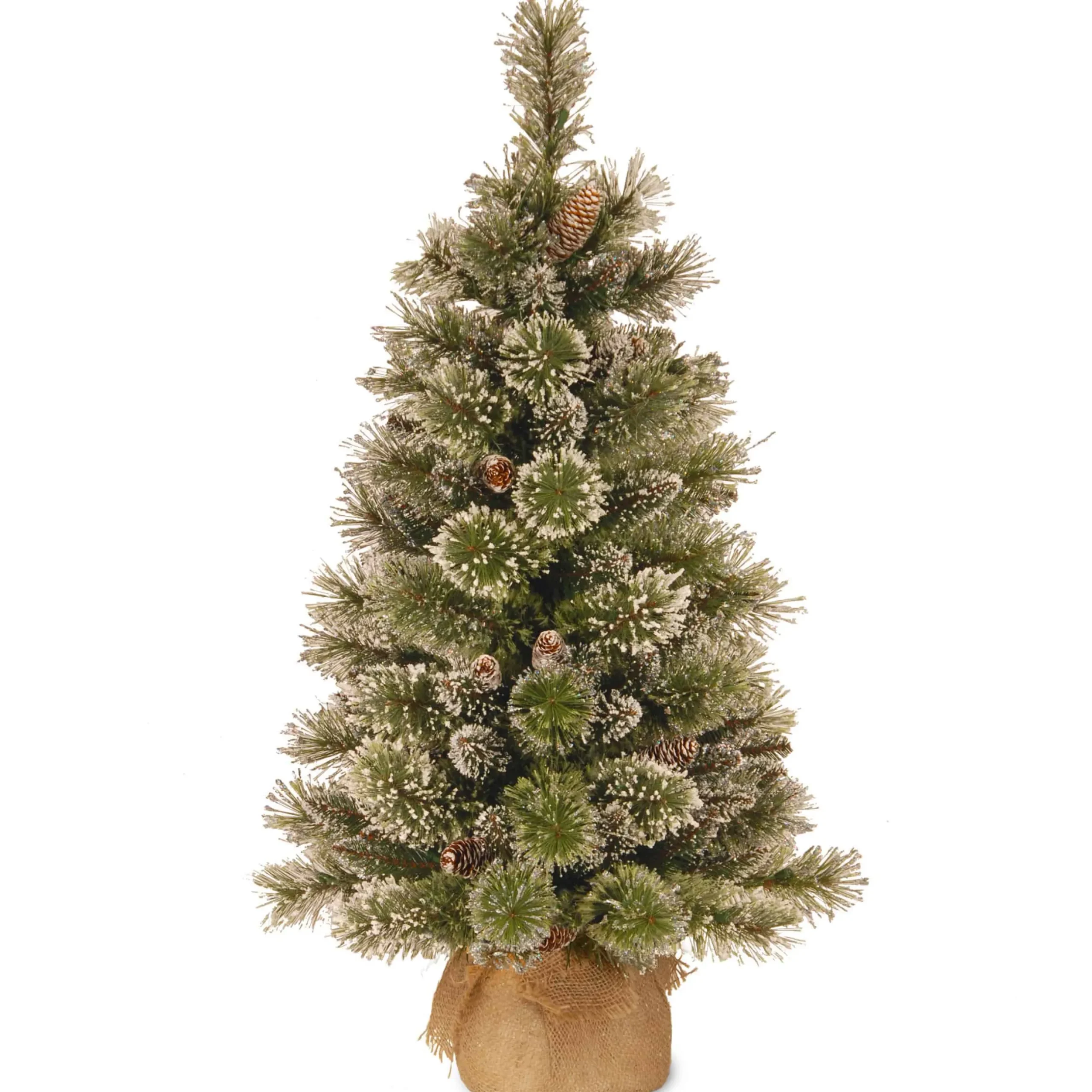 Outlet Christmas Land 3Ft Glittery Bristle Pine Small Artificial Christmas Tree With Cones In Burlap Sack
